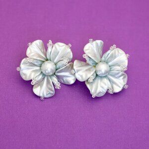 Vintage Silver Tone Fairy Flower Clear Beads Clip On Earrings - V24